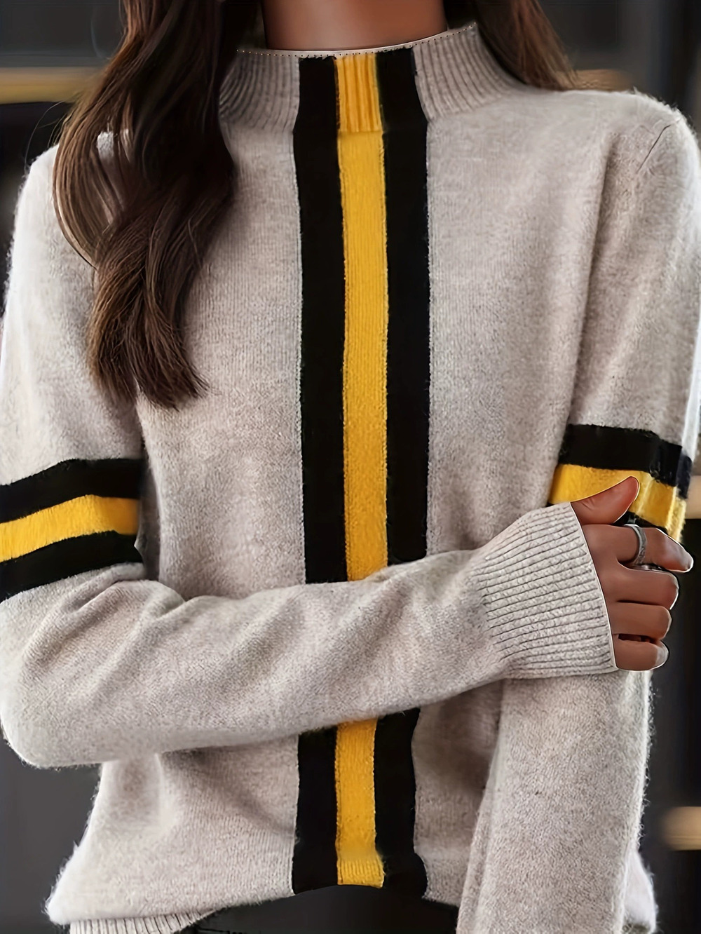 ZARA Womens Fall Winter Mock Neck Colorblock Knit Sweater